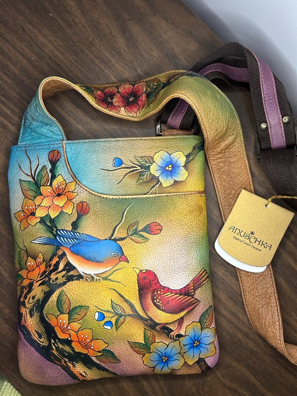 Anuschka NWT Hand Painted Leather Birds Flowers Slim Crossbody Bag